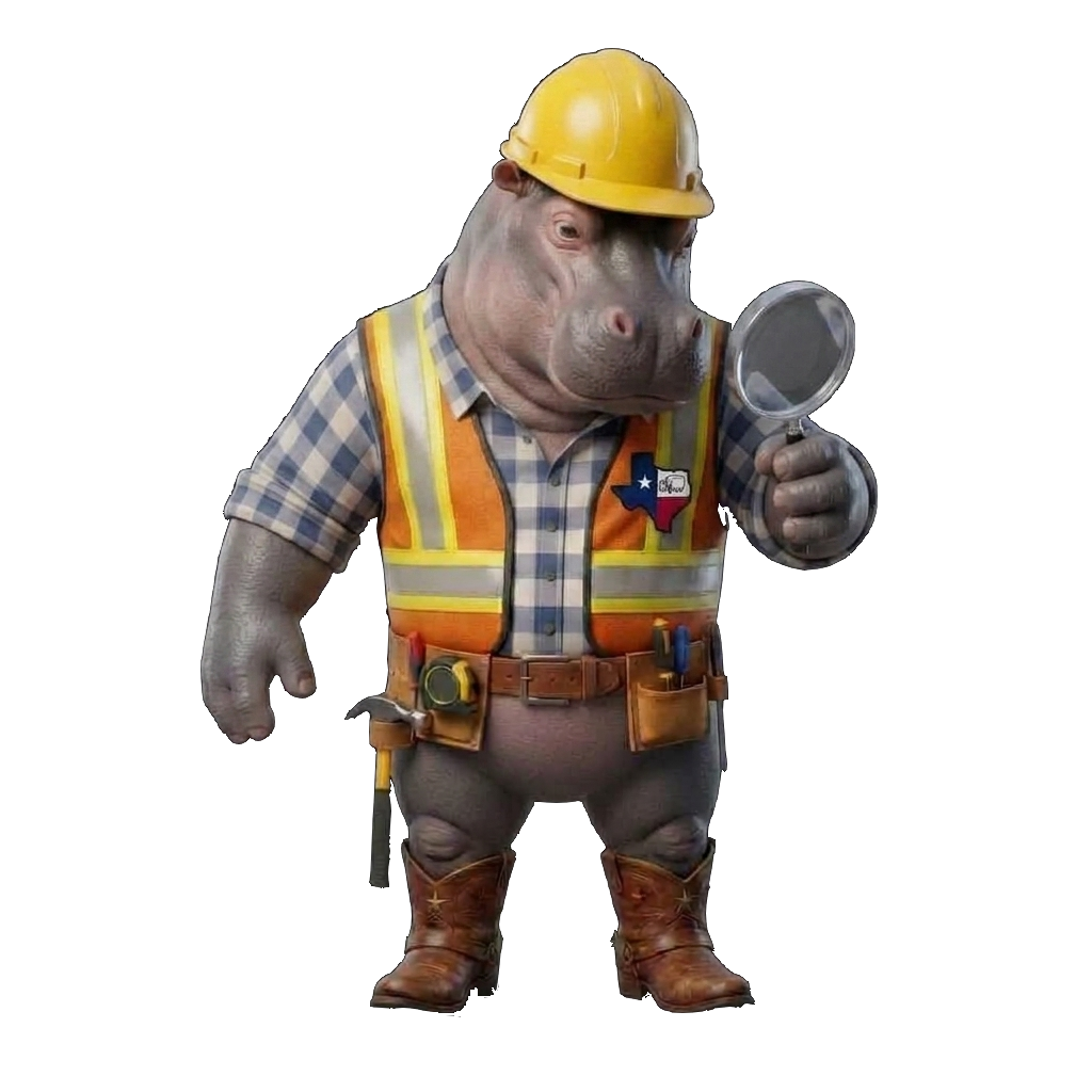 Hippo-Lito, the Hippos Construction mascot inspecting with a magnifying glass, representing the company vision