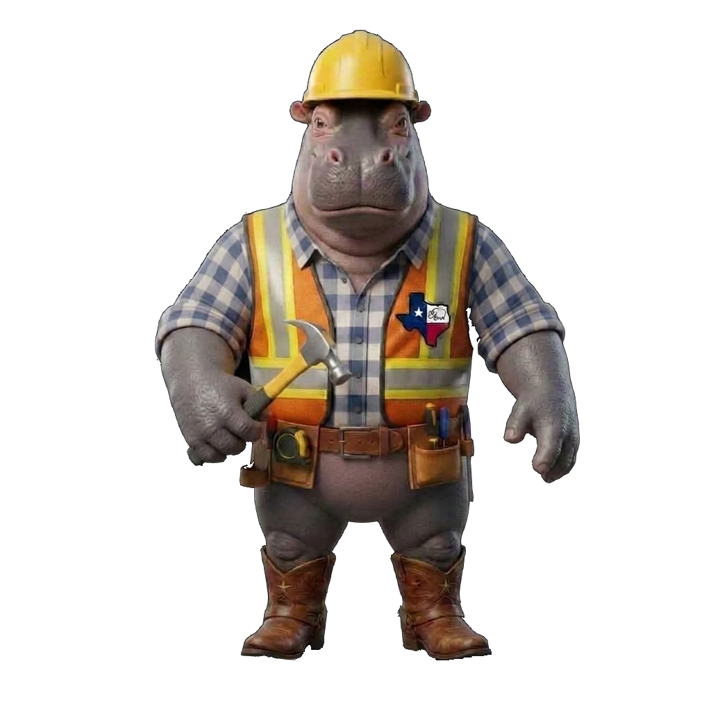 Hippo-Lito, the Hippos Construction mascot wearing safety gear and a Texas flag pin, presenting the company mission