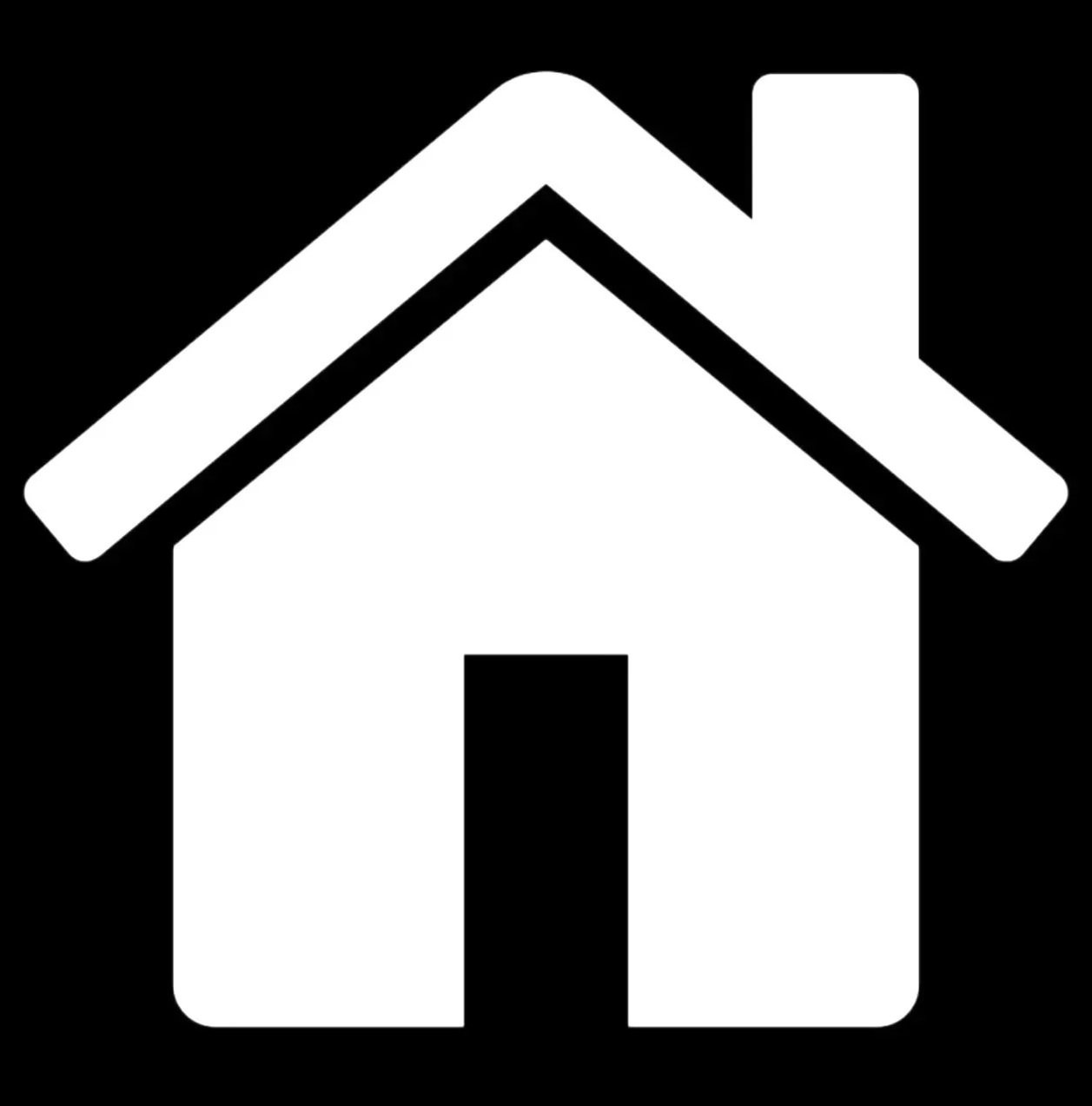A black and white icon of a house with a roof, chimney, and door.