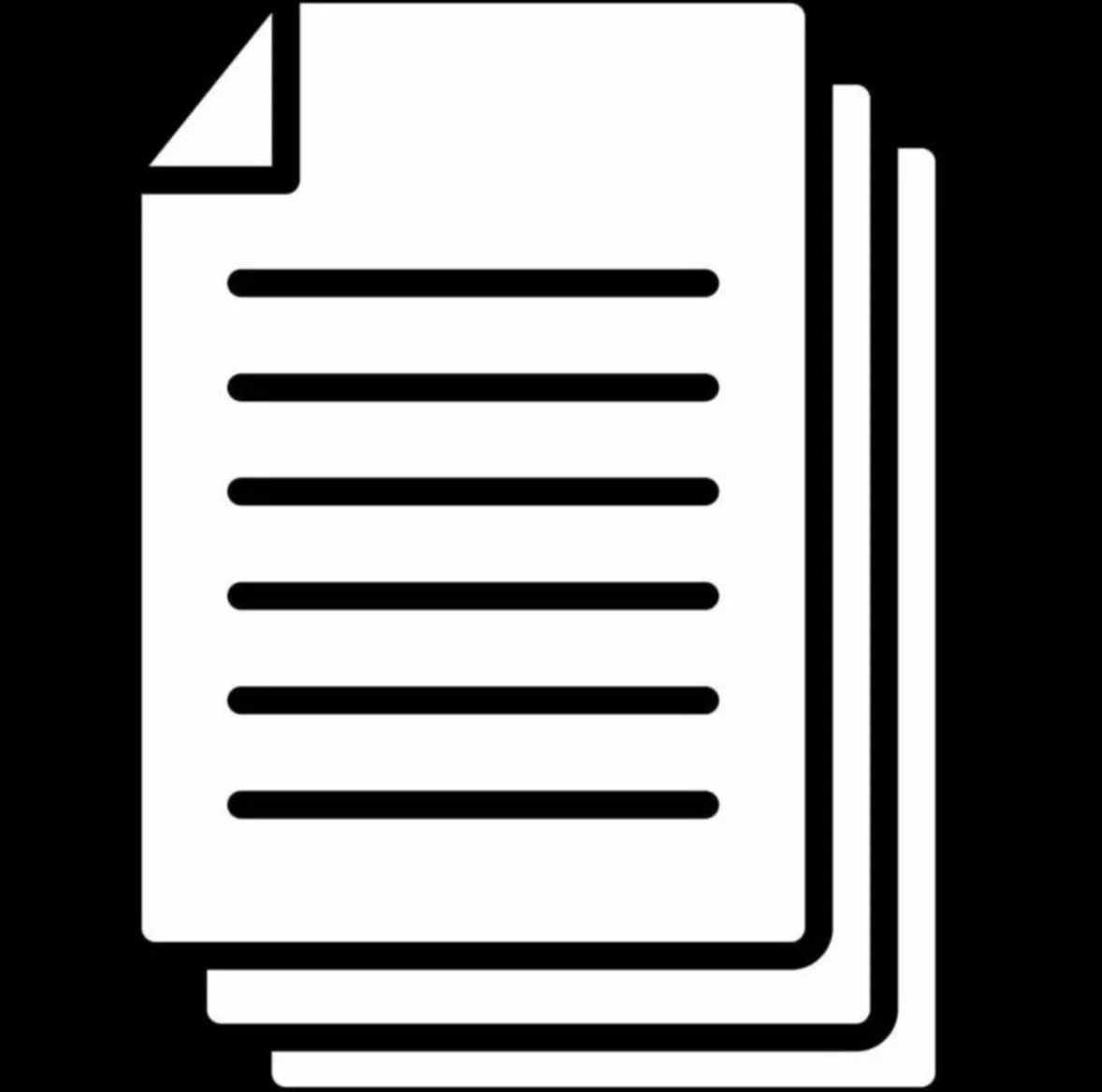 Simple black and white icon of a document or paper stack with lines of text.