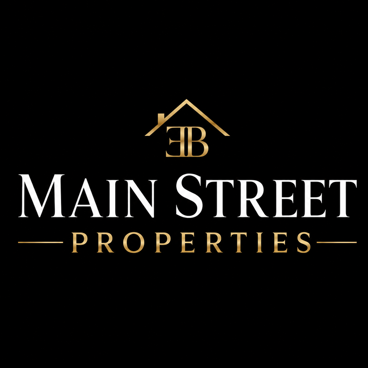 Logo for Main Street Properties with gold and white text on a black background, featuring a house roof icon with the initials 'MSB' inside.