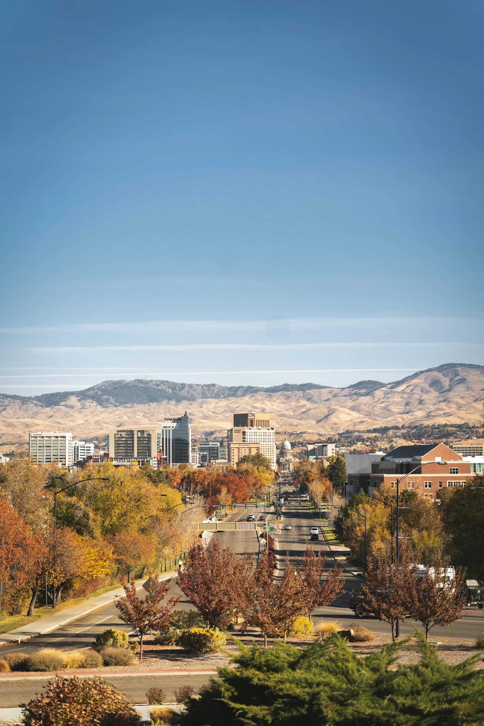 View of a city skyline with several tall buildings and a mountain range in the background, with trees showing fall colors in the foreground.