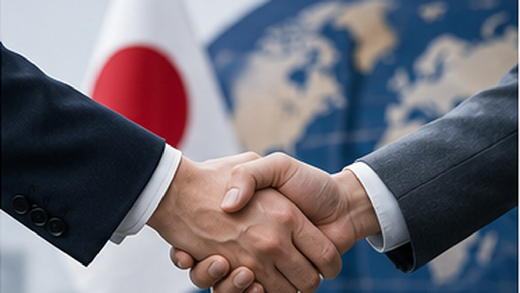 Close-up of two businesspeople shaking hands, with the Japanese flag and a world map in the background.