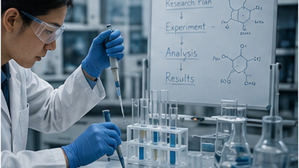 A scientist wearing safety goggles and gloves performs an experiment with test tubes in a laboratory, with a whiteboard displaying a research plan and chemical structures behind her.