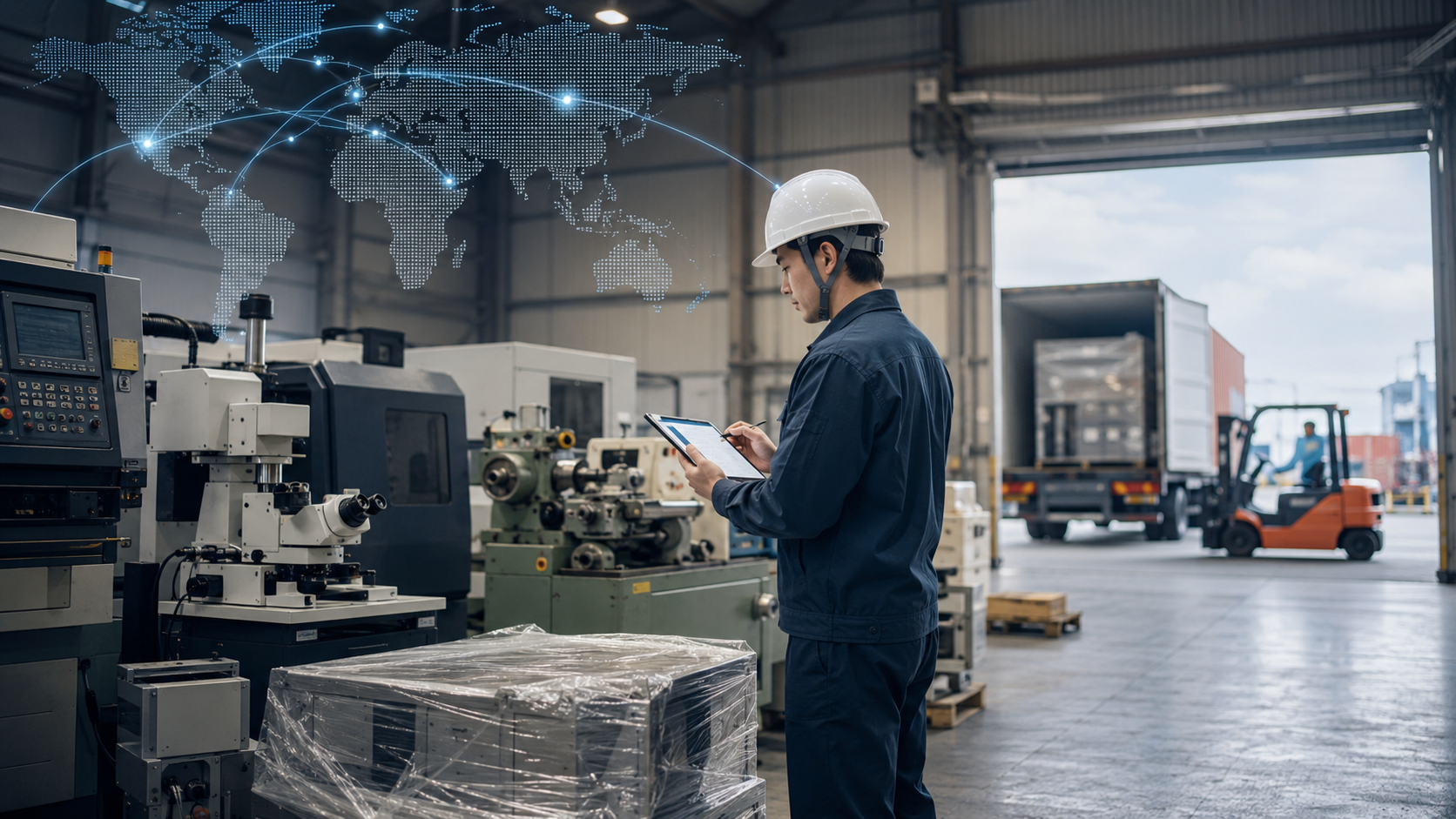 A worker in a factory wearing a safety helmet and uniform, using a tablet, with industrial equipment and a forklift in the background, and a digital world map overlay.