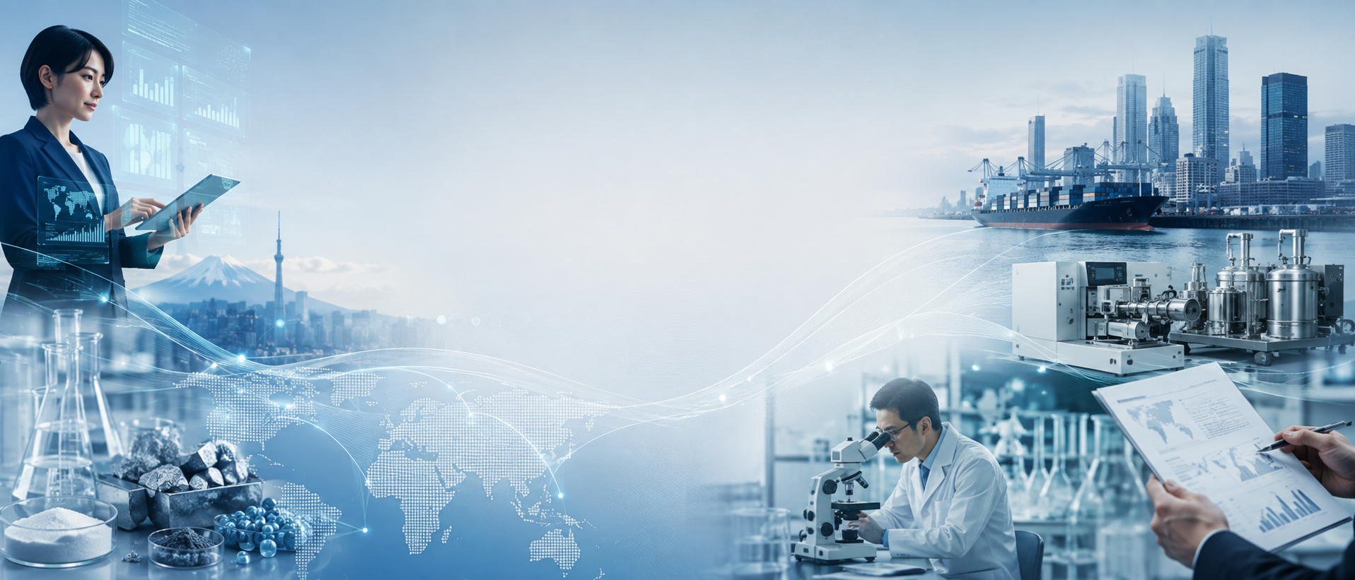 A collage of science and industry themes showing a woman with a tablet, a city skyline with skyscrapers and a cargo ship on the water, laboratory equipment and scientists working, and digital graphics of world maps and data.