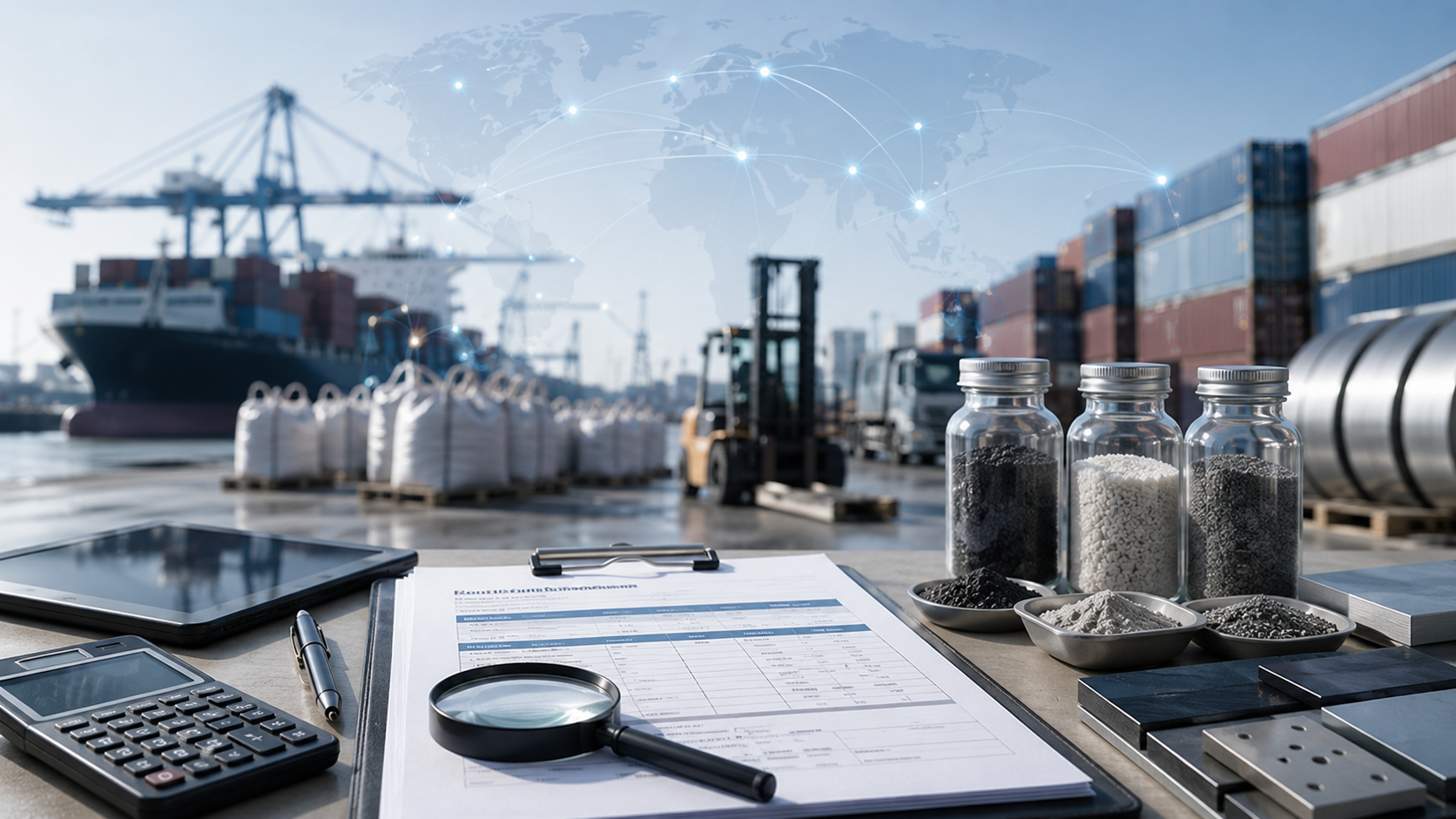 Business desk with papers, magnifying glass, calculator, pen, and containers of black and white granular materials at a shipping port with ships, cargo containers, and a crane in the background.