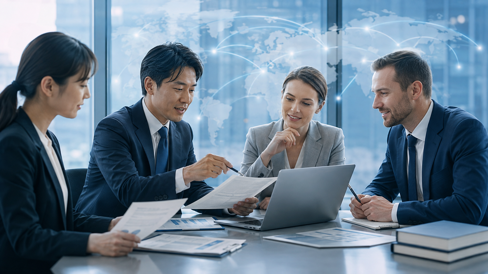 Four business professionals in suits having a meeting in a modern office with a large window and a digital world map overlay.
