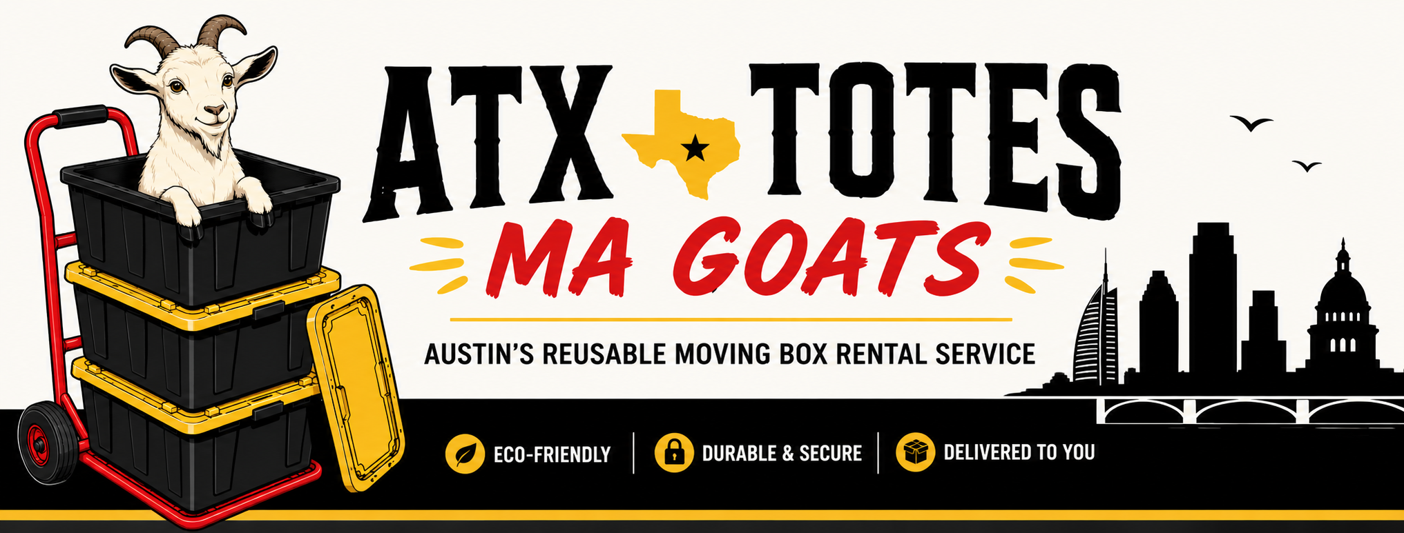 Illustration of a goat in a moving box on a dolly, with text promoting Austin's reusable moving box rental service, featuring features like eco-friendliness, security, and delivery, with a city skyline and birds in the background.