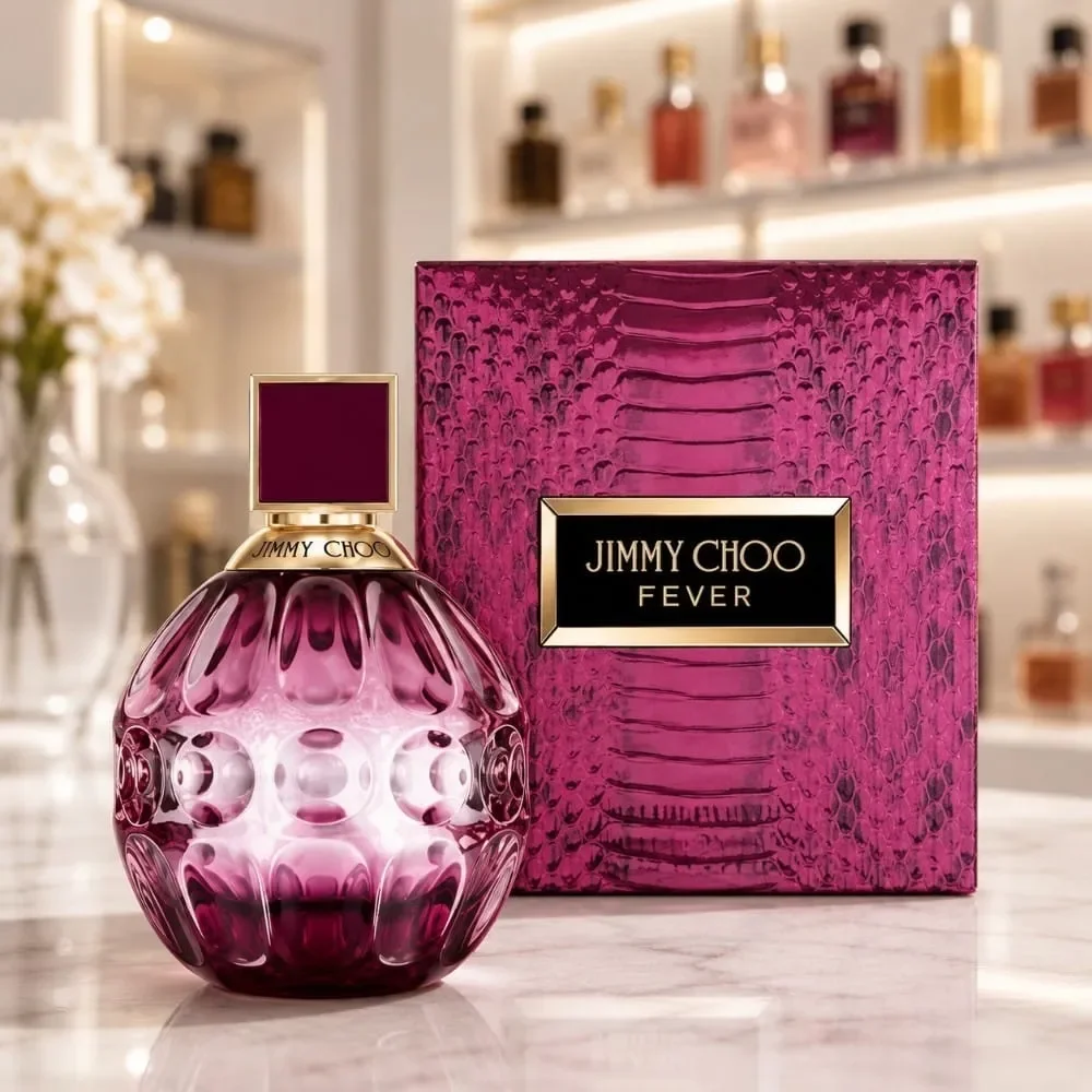 A decorative perfume bottle and box for Jimmy Choo Fever on a marble surface in a store or display setting.