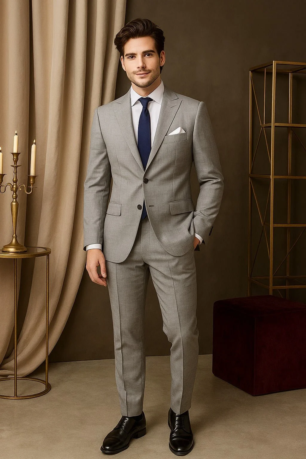 A man in a gray suit with a navy tie and white shirt standing indoors next to gold-colored decor and a curtain.