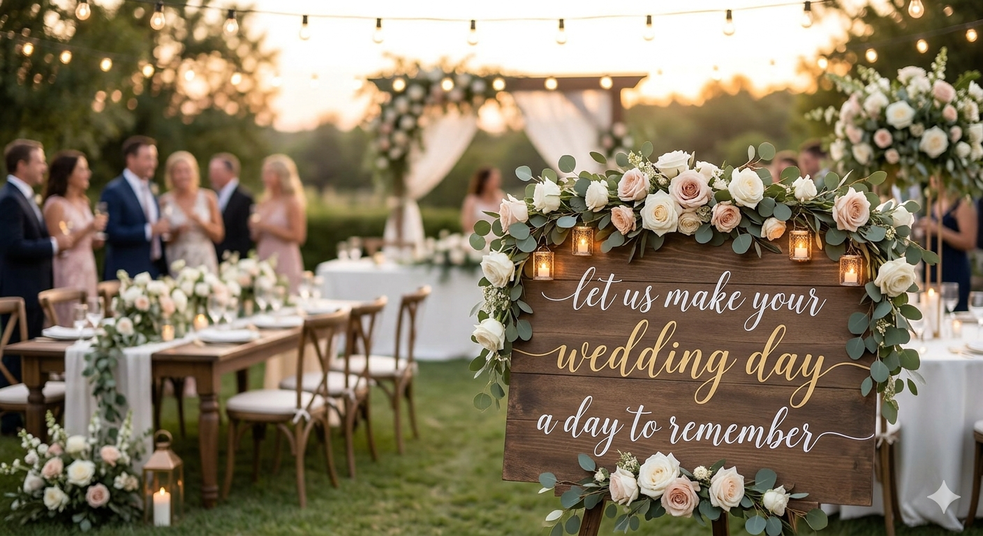 A decorated outdoor wedding reception at sunset with a wooden sign that reads, 'Let us make your wedding day a day to remember,' surrounded by floral arrangements, candles, and guests socializing under string lights.