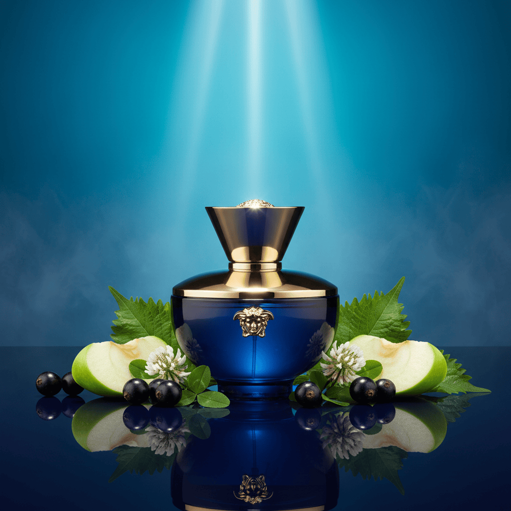 A luxury perfume bottle with gold accents, surrounded by apple slices, black berries, green leaves, and white flowers, on a reflective surface under a blue background with a spotlight.