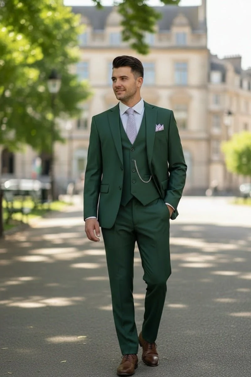 A man in a green suit walking outdoors in an urban setting with trees and old buildings.