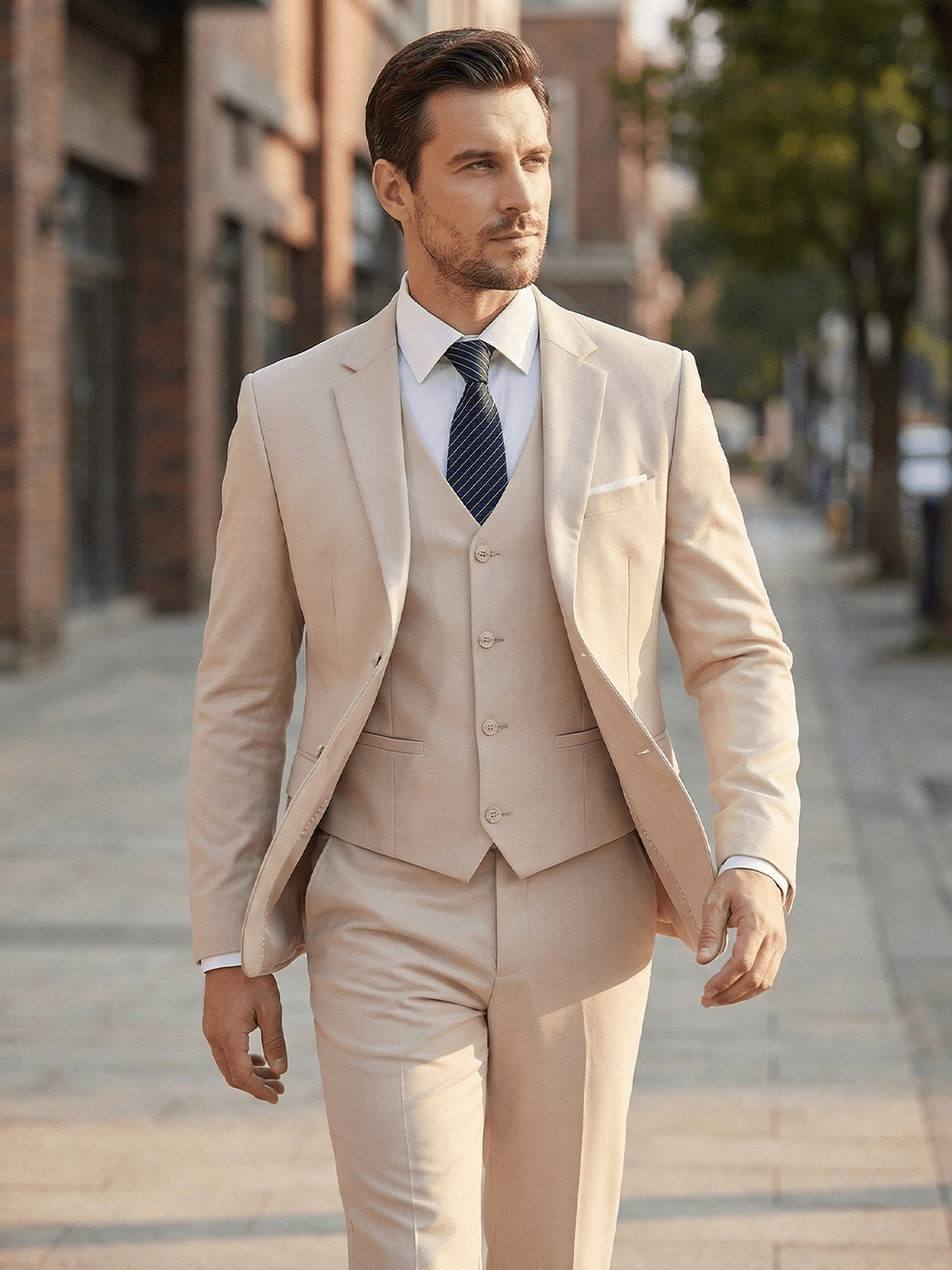 Man in a beige suit walking on a city street.