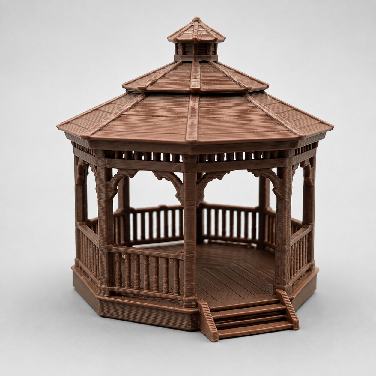 Brown 3D printed Garden Gazebo with an open pavilion and sheltered roof that can be used as decor or a perch in a jumping spider enclosure.