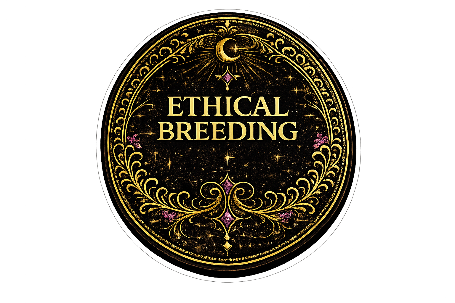 Golden ornate emblem with the words 'Ethical Breeding' in the center, surrounded by decorative swirls, stars, a crescent moon, and pink accents on a black background.