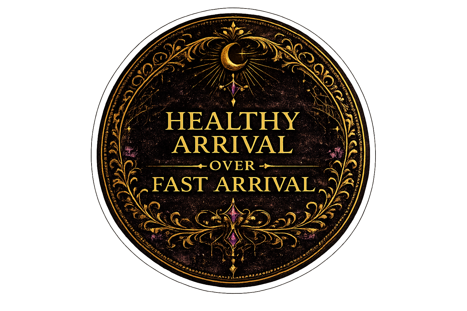 Decorative black and gold circular emblem with a crescent moon at the top and the text "Healthy Arrival Over Fast Arrival" in the center.