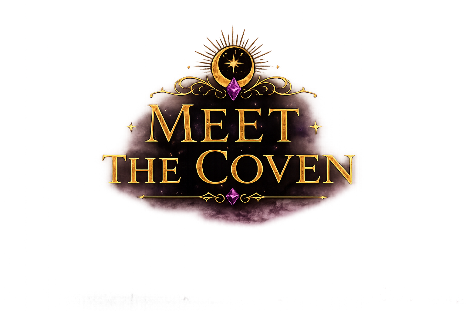 Fantasy-themed banner with the phrase 'Meet the Coven,' featuring a mystical background with stars, a crescent moon with a star, and ornate gold accents, including purple gemstones.