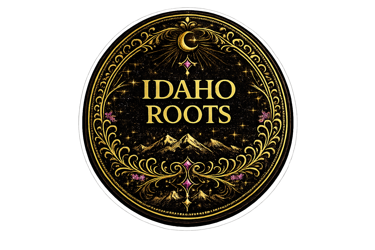 Gold and black circular logo with the words "IDAHO ROOTS" centered, surrounded by decorative floral and mountain motifs, stars, crescent moon, and pink accents, set against a black background.