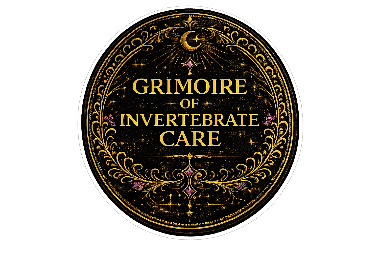 Gold ornate circular emblem with text 'GROUROIRE OF INVERTEBRATE CARE' surrounded by intricate designs, a crescent moon, a star, and decorative flourishes on a black background.