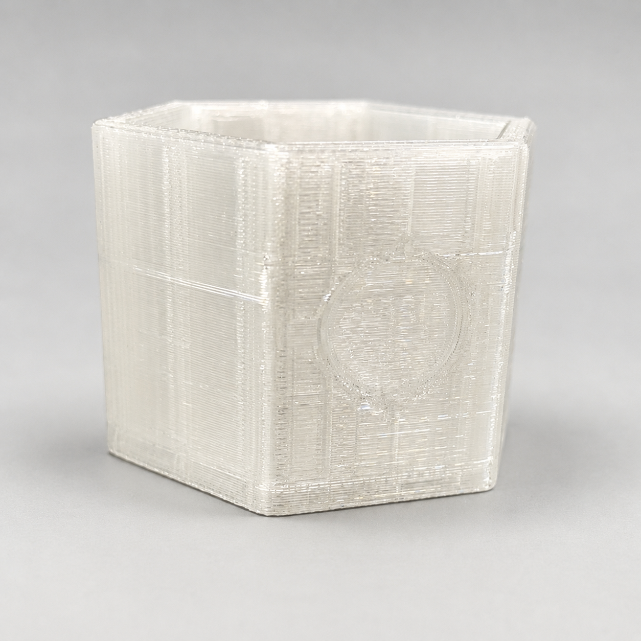Side view of a clear Hex Hollow 3D printed jumping spider hide showing its hexagonal shape and mounting area.