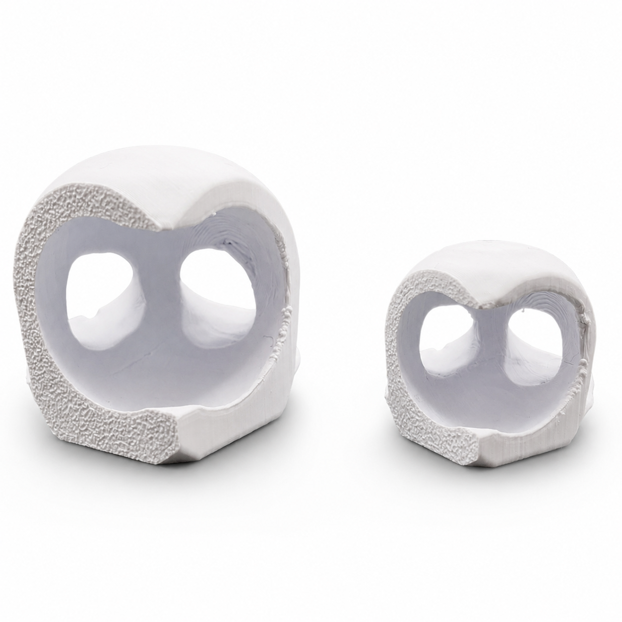 Interior side of two white Corner Skull jumping spider hides showing the hidden viewing area designed to sit against clear enclosure walls.