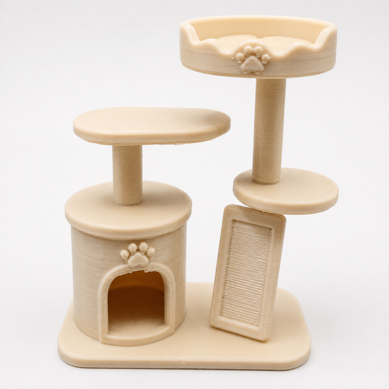 Close view of The Cat’s Meow 3D printed jumping spider enclosure decor with multiple climbing platforms, a lower hide and raised bed.