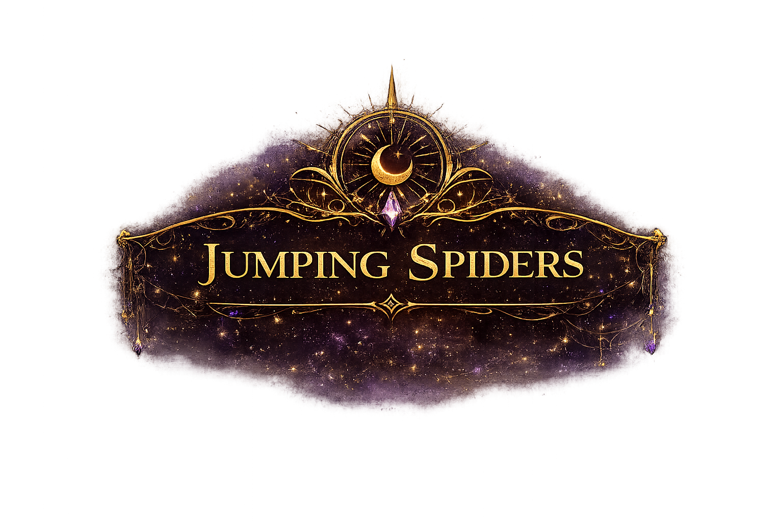 Fantasy-style logo for 'Jumping Spiders' with gold and purple celestial design elements, including a crescent moon, stars, and ornate framing.