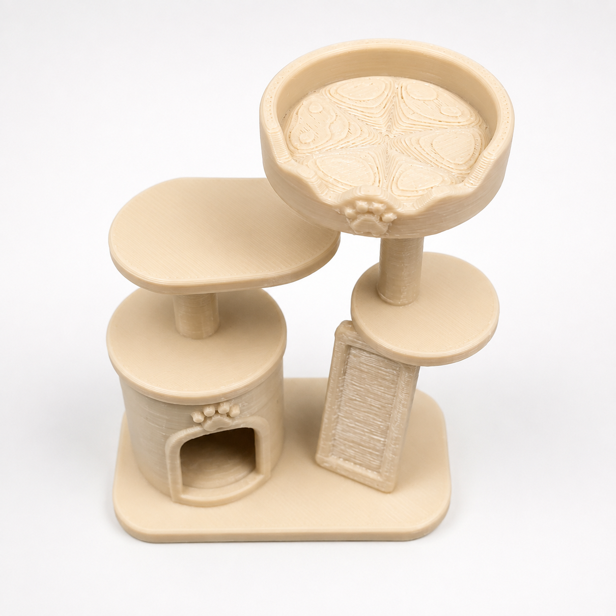 Top view of The Cat’s Meow miniature 3D printed cat tree showing elevated platforms, paw-print bed, ramp and hide for jumping spider enrichment.