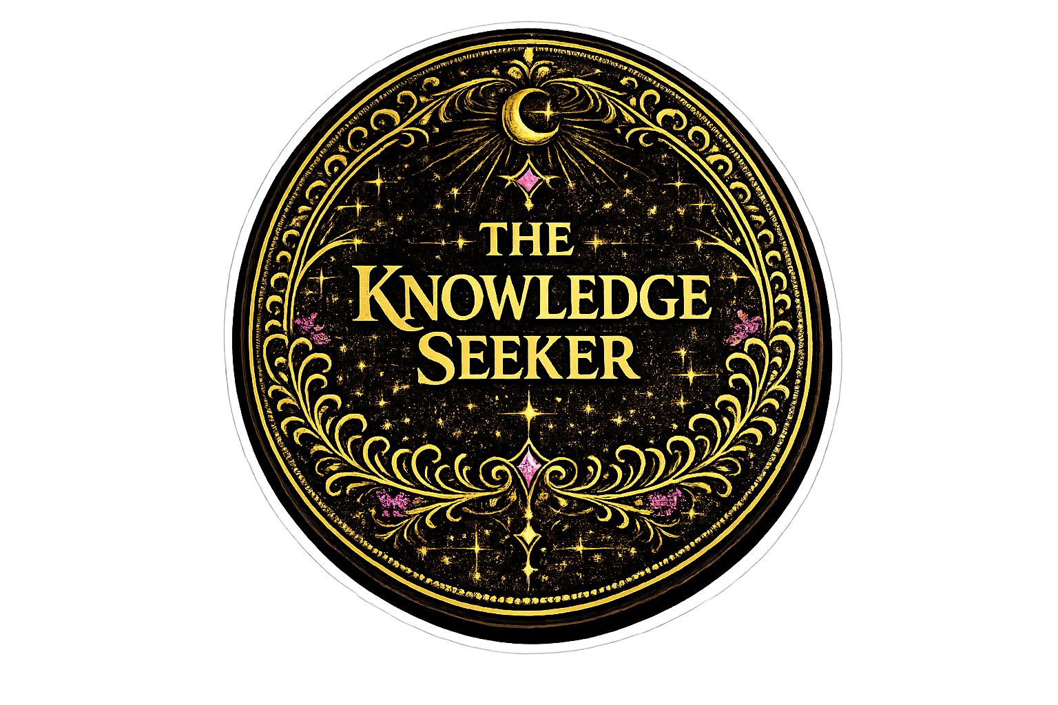 A circular decorative emblem with a black background, gold detailing, and pink accents. It features a crescent moon with a star, surrounded by intricate swirling patterns and stars. The text reads "The Knowledge Seeker" in gold uppercase letters.