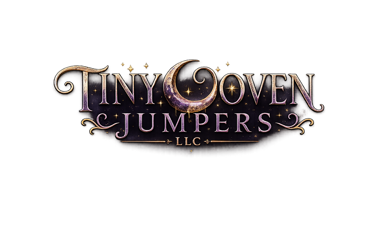 The logo for Tiny Coven Jumpers LLC features stylized text with a crescent moon serving as the 'C' in 'Coven', set against a dark, starry background with small gold stars.