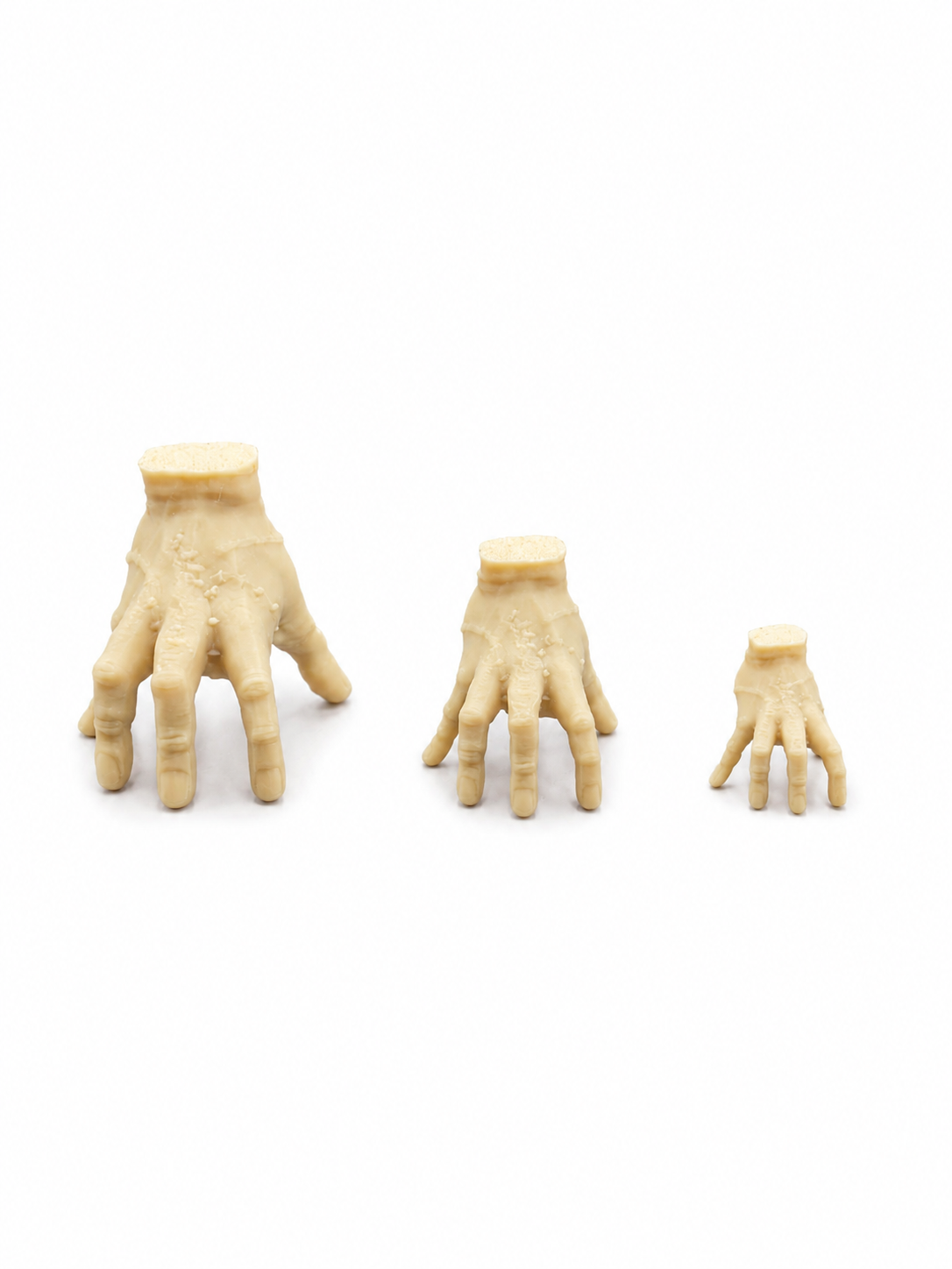 Three sizes of miniature disembodied creeping hand props for jumping spider enclosures, gothic terrariums and witchy miniature decor.