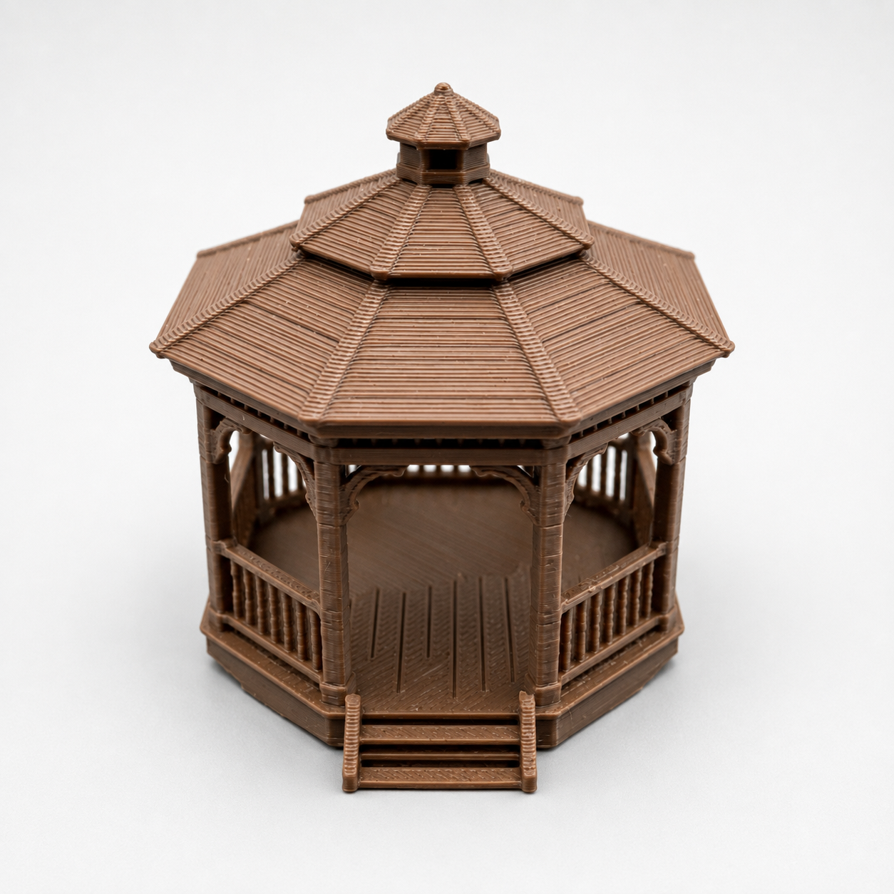 Angled view of The Garden Gazebo, a detailed 3D printed pavilion for decorating and enriching a jumping spider enclosure.