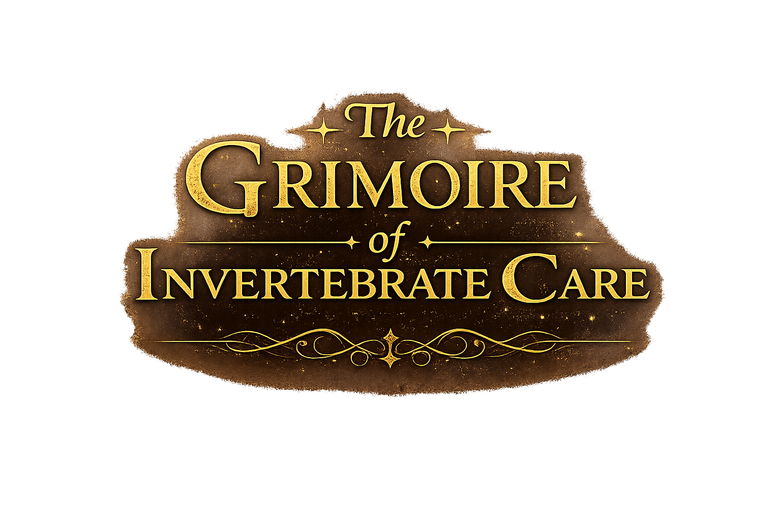 Title card for 'The Grimoire of Invertebrate Care' with gold text on a dark, textured background and decorative gold accents.