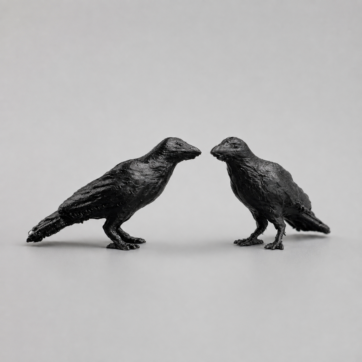 Two miniature black 3D printed crows facing each other, styled like small ravens, for gothic jumping spider enclosure decor.