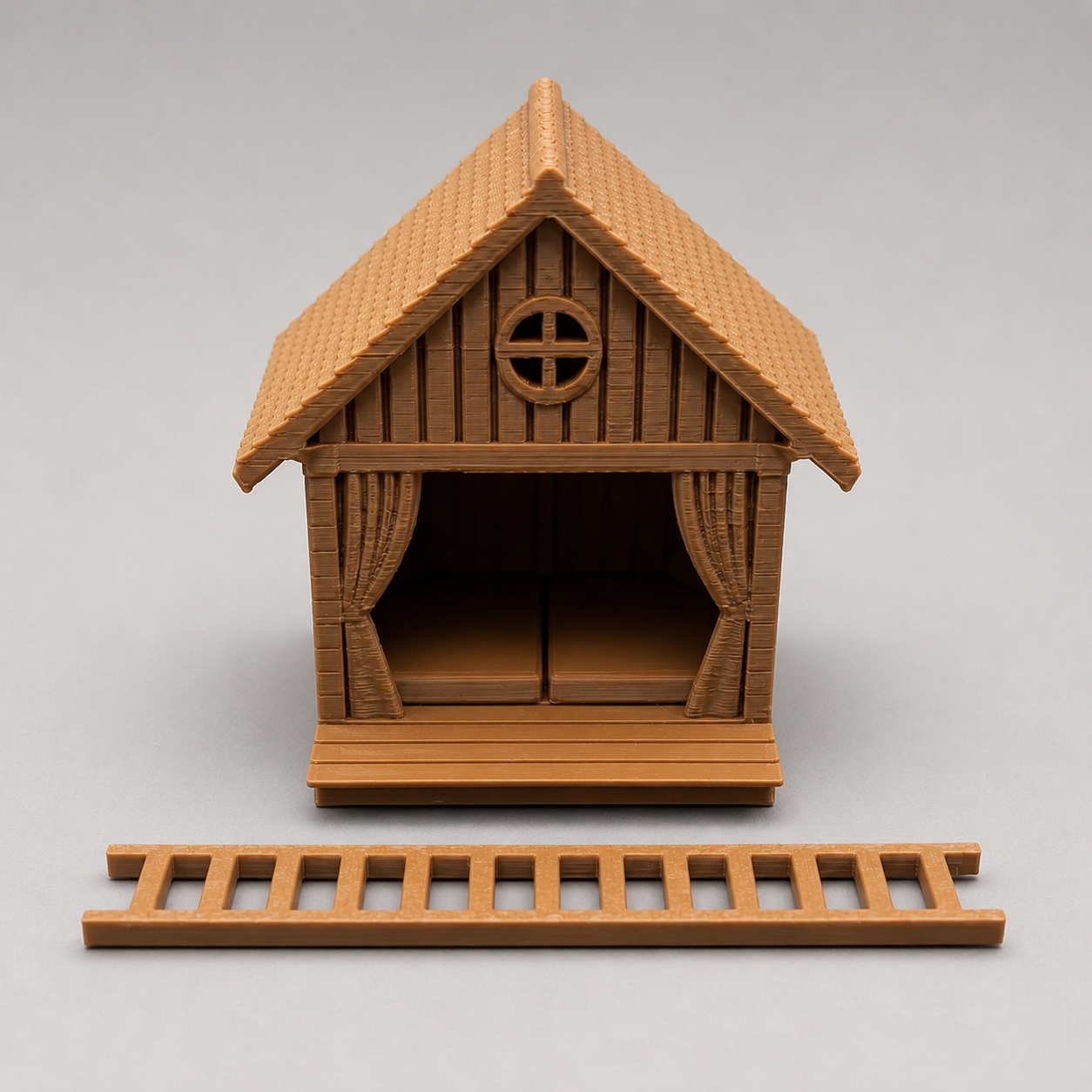 Front view of The Cozy Loft 3D printed jumping spider wall hide with a pitched roof, open front and long climbing ladder.