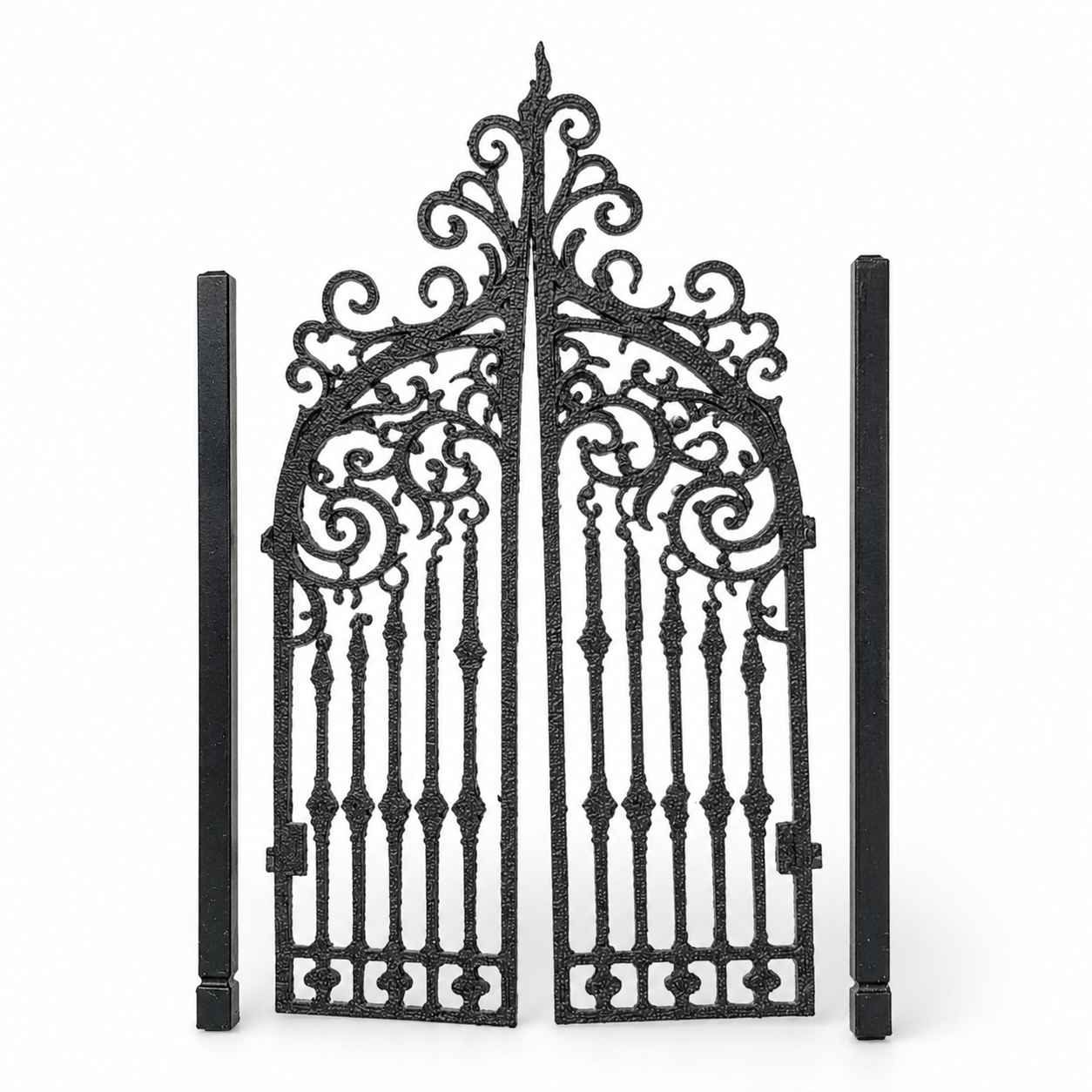 Front view of The Midnight Gate, an ornate black 3D printed double garden gate for jumping spider enclosure decor and climbing structure.