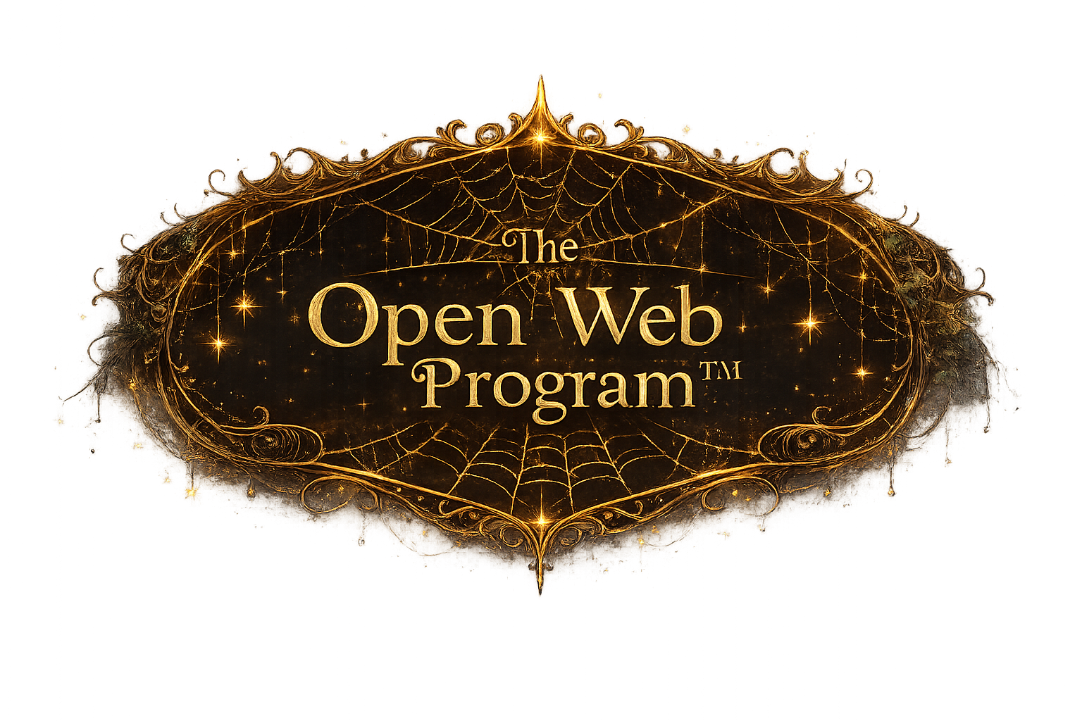 Golden ornate sign with spider web design featuring the text "The Open Web Program" in the center.