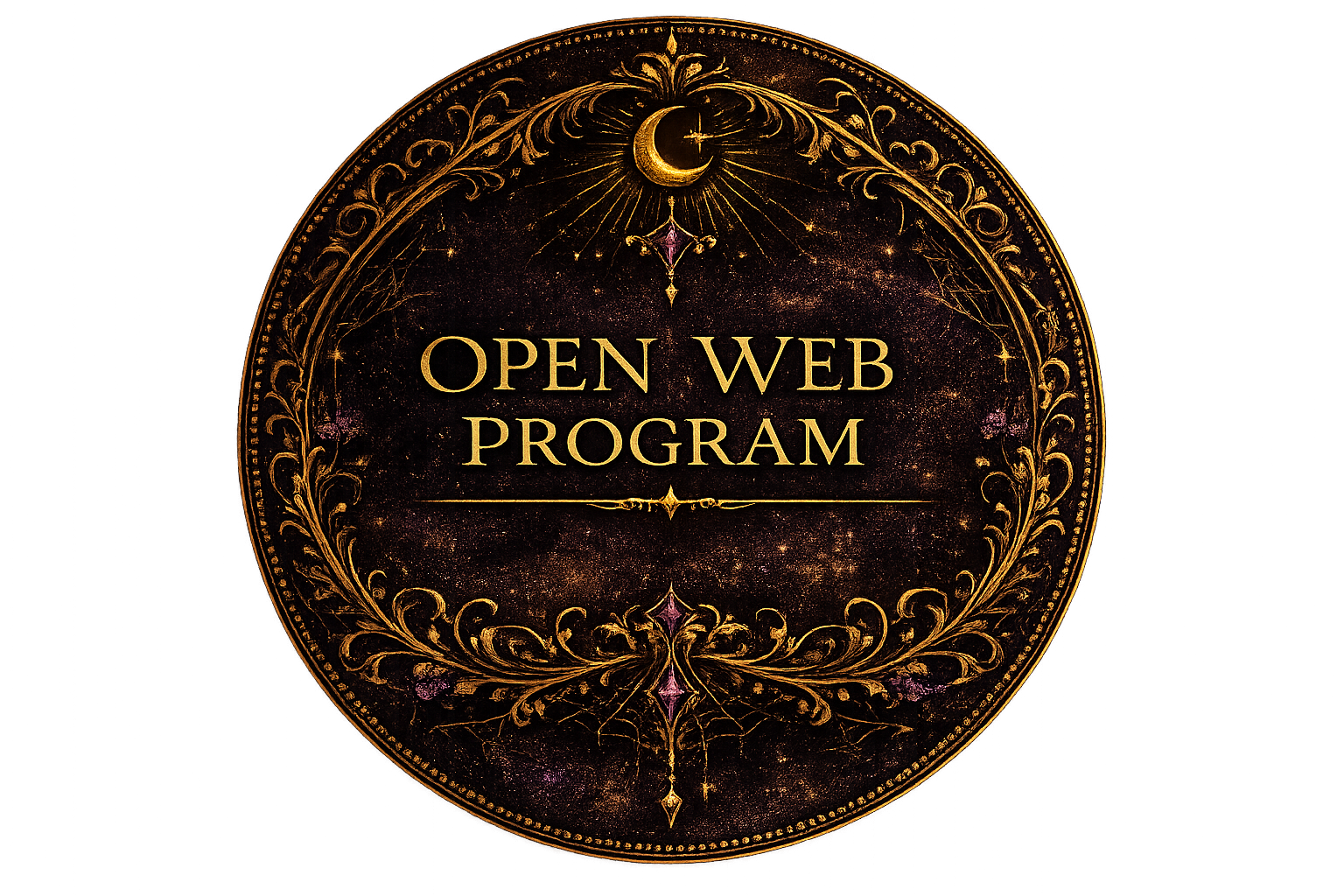Ornate golden circular emblem with a crescent moon at the top, decorative flourishes, and the text 'OPEN WEB PROGRAM' in the center against a dark, cosmic background.