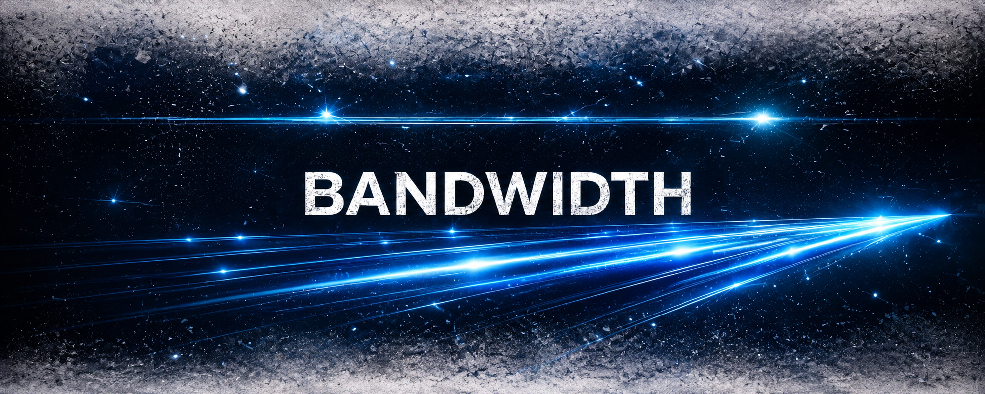 Digital graphic with the word 'BANDWIDTH' in white capital letters, surrounded by bright blue light streaks and stars in a space-like background.