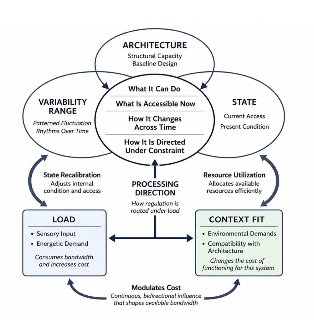 Diagram illustrating system architecture, including components like architecture, state, variability range, load, context fit, and processing direction, with sub-components and their interactions.