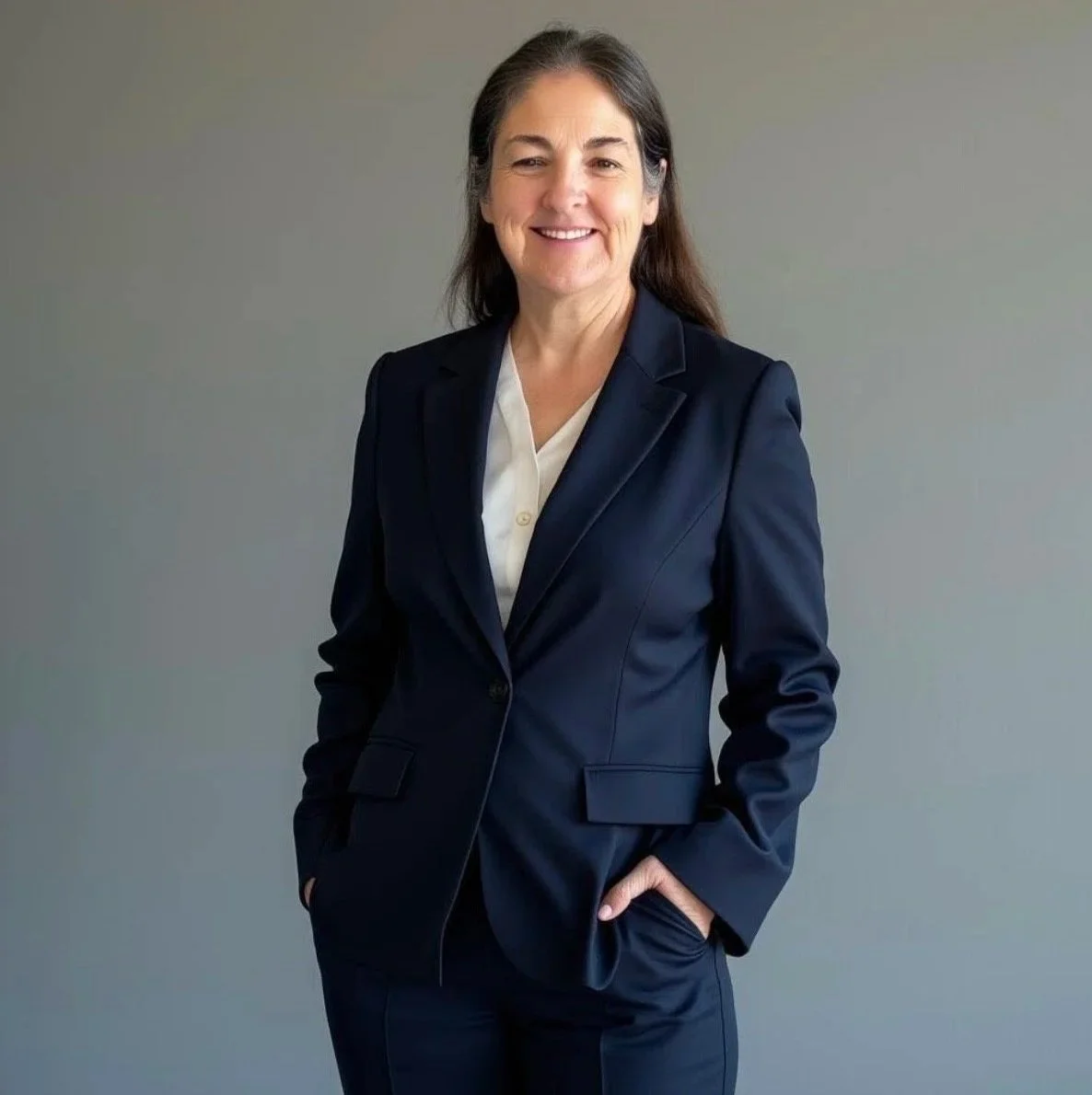 A middle-aged woman with brown hair wearing a navy blue suit and white blouse, smiling with one hand in her pocket, standing against a plain gray background.