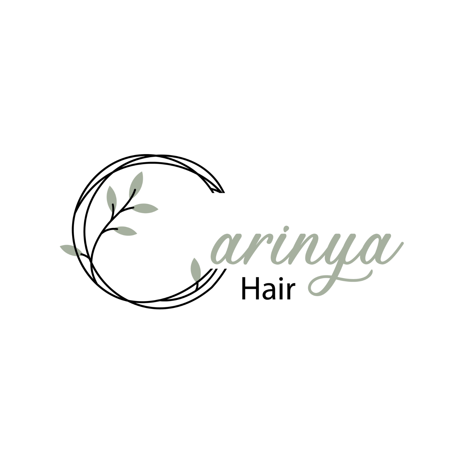 Logo for Ariya Hair with a stylized letter C and green leaves, featuring the words "ariya" in cursive and "Hair" in black.