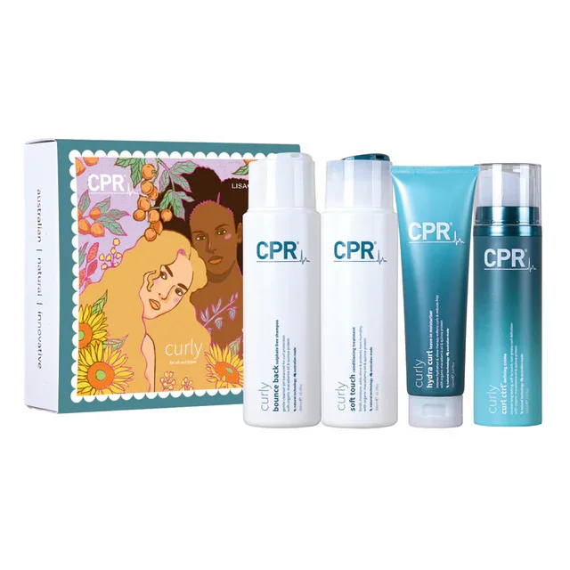 Set of hair care products featuring a colorful box with illustrations of two women and the word 'curly', alongside four bottles labeled CPR and 'curly' for hair styling.
