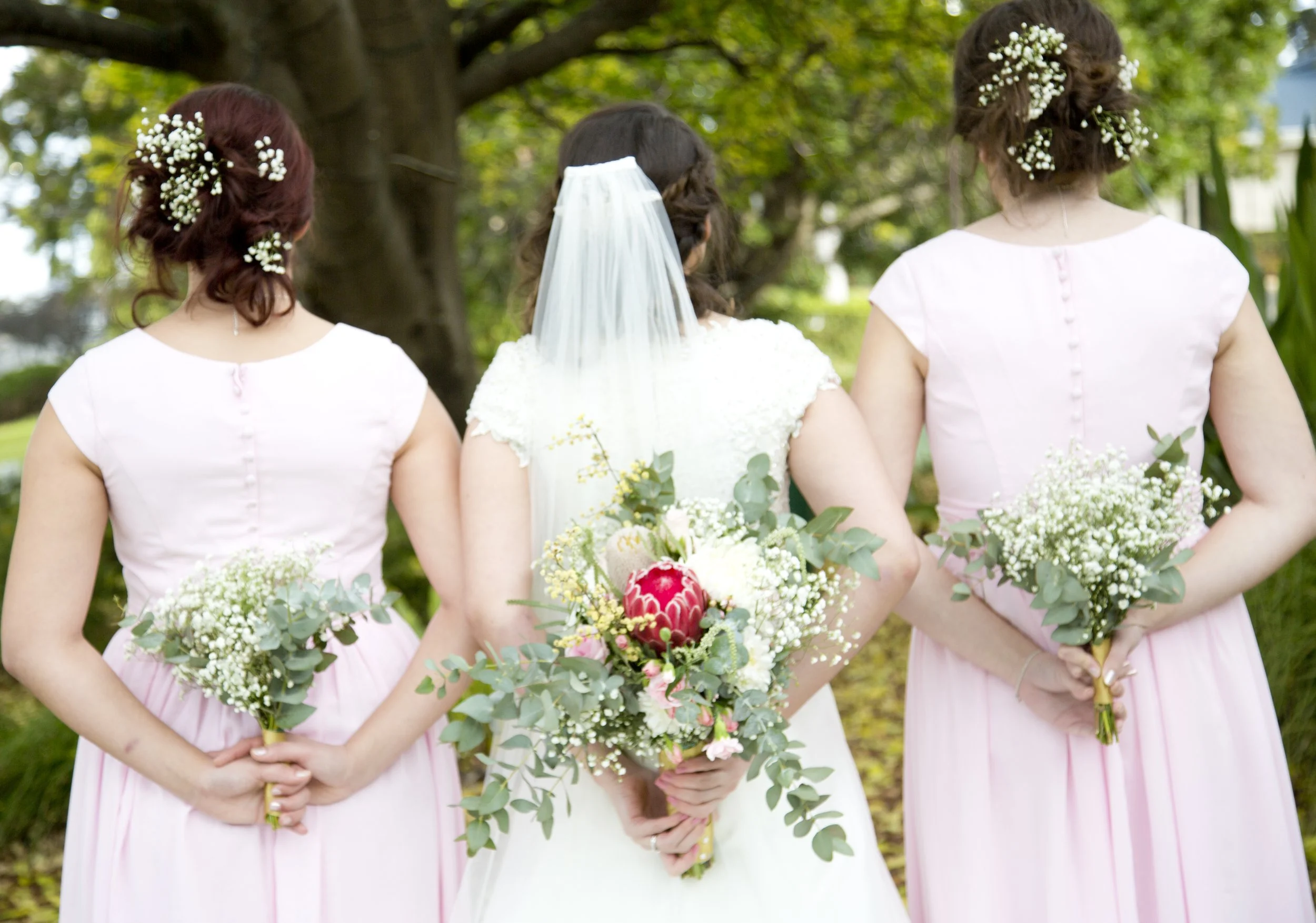 Back view of a bride in a white dress with a veil and two bridesmaids in pink dresses holding bouquets of white flowers, standing outdoors under a green leafy tree.