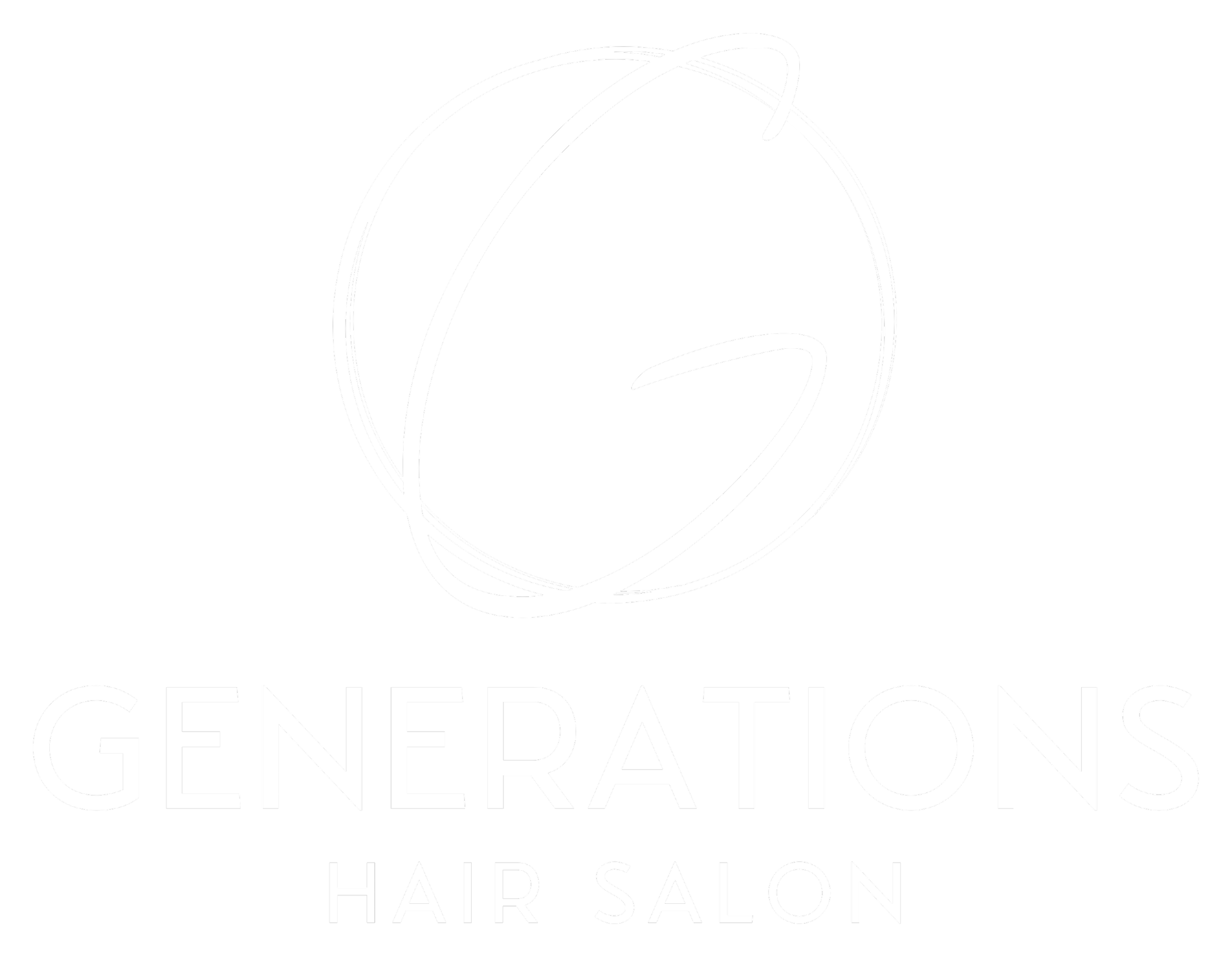 Black background with white stylized logo depicting three curved lines and a small circle, with the text 'Generation Hair Salon' in white below.