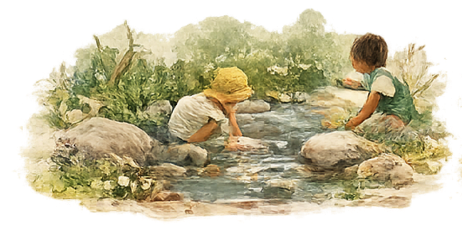 Two children playing in a shallow creek surrounded by rocks and greenery.