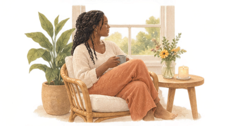 Woman sitting on a cozy armchair with a mug, next to a small wooden table with a candle and flower vase, in a bright room with large window and plants.