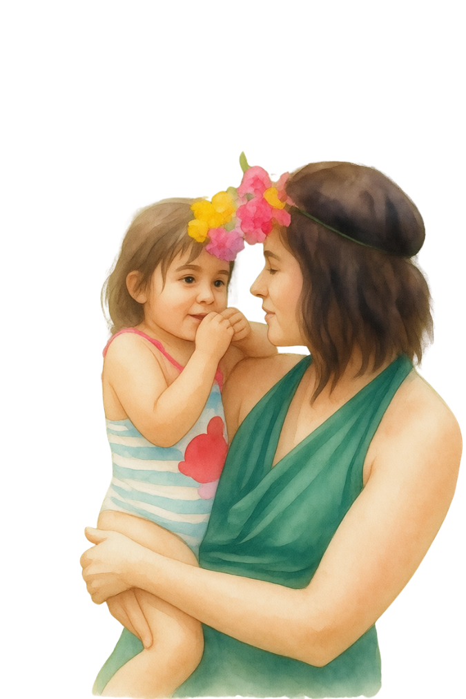 A woman holding a young girl, who is wearing a flower crown and a striped tank top with a heart design, sharing an intimate moment with their faces close together.